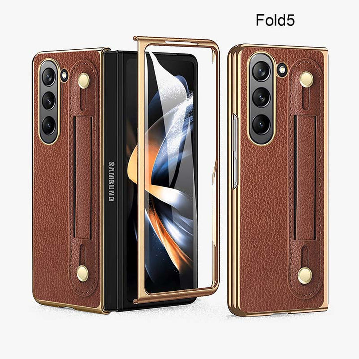 Samsung Fold - Faltbare Anti-Drop-Telefonhülle aus Leder mit Handschlaufe