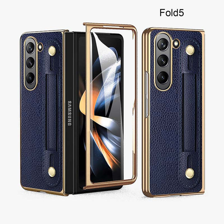 Samsung Fold - Faltbare Anti-Drop-Telefonhülle aus Leder mit Handschlaufe