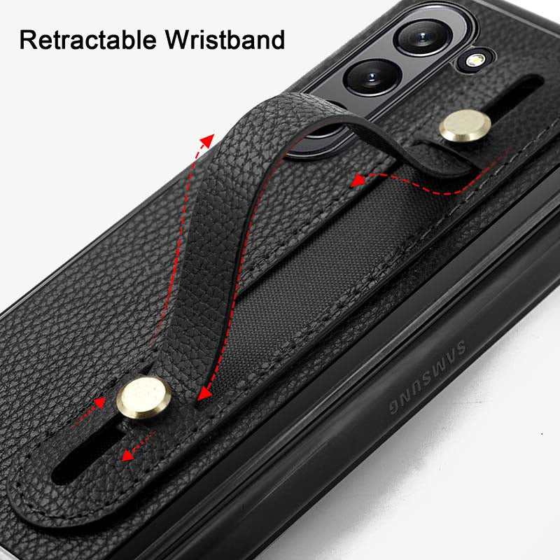 Samsung Fold - Faltbare Anti-Drop-Telefonhülle aus Leder mit Handschlaufe