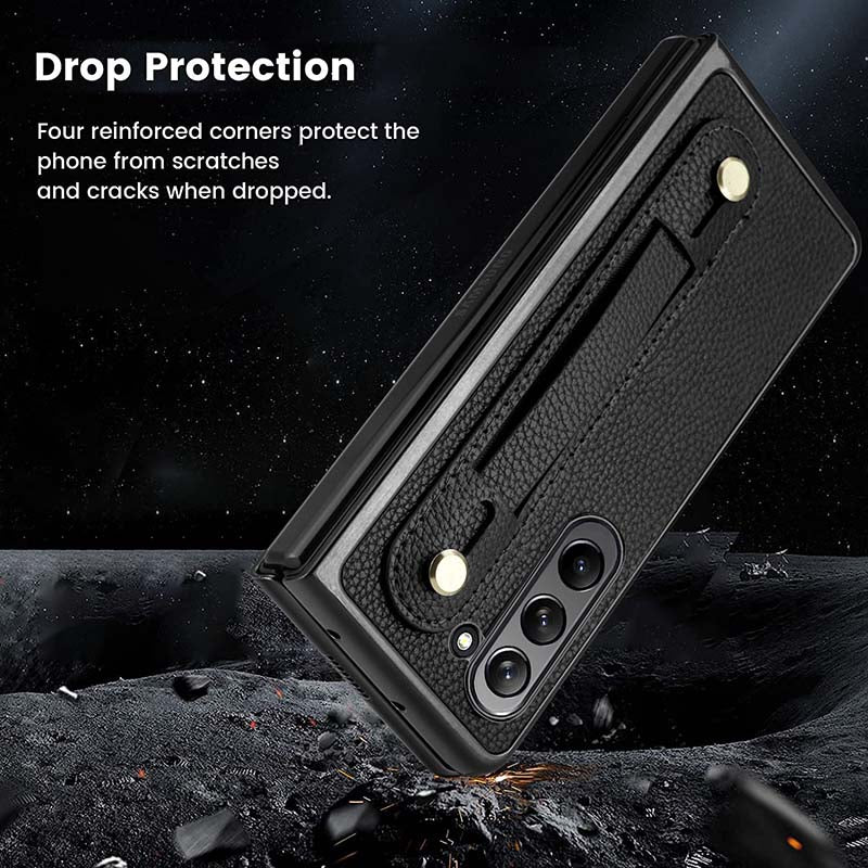 Samsung Fold - Faltbare Anti-Drop-Telefonhülle aus Leder mit Handschlaufe