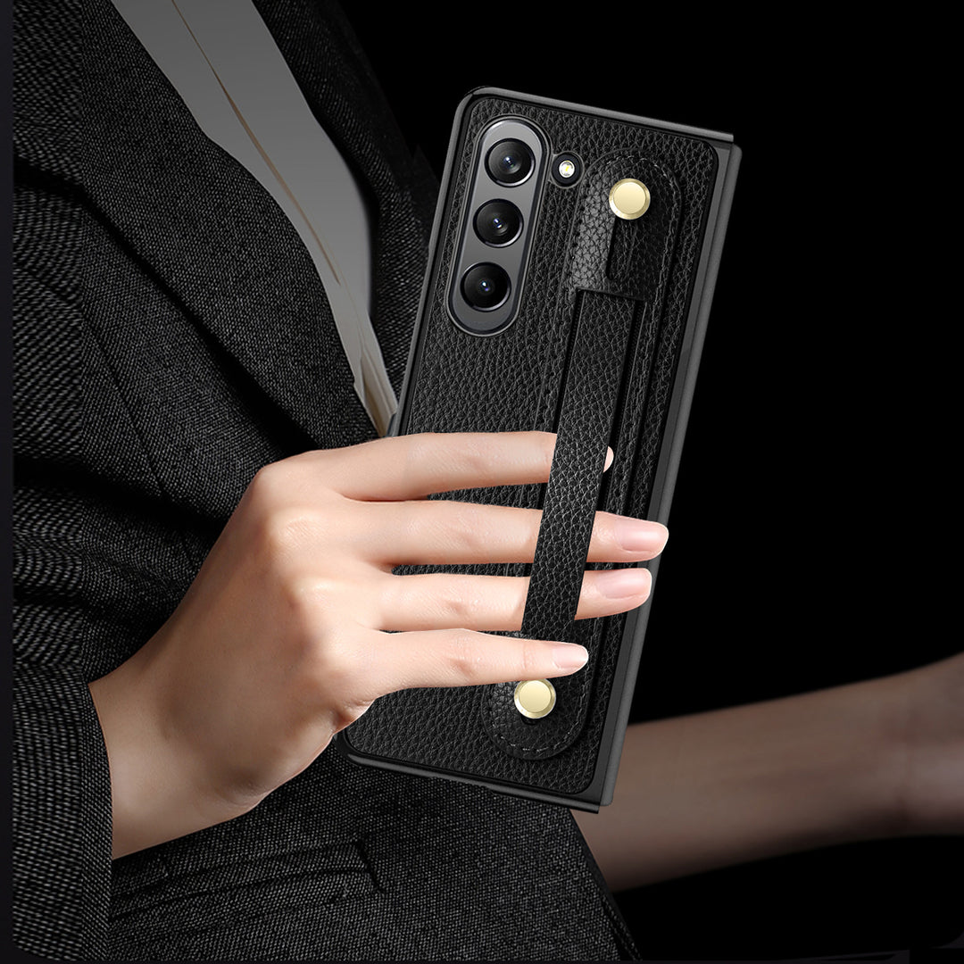 Samsung Fold - Faltbare Anti-Drop-Telefonhülle aus Leder mit Handschlaufe
