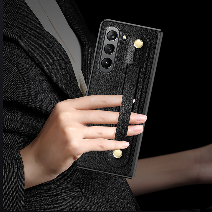 Samsung Fold - Faltbare Anti-Drop-Telefonhülle aus Leder mit Handschlaufe