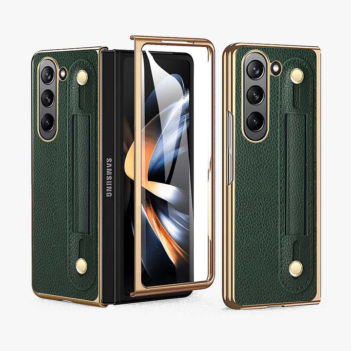 Samsung Fold - Faltbare Anti-Drop-Telefonhülle aus Leder mit Handschlaufe