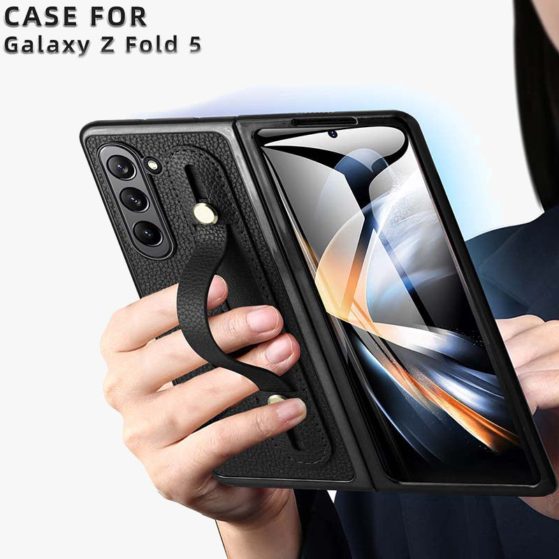 Samsung Fold - Faltbare Anti-Drop-Telefonhülle aus Leder mit Handschlaufe