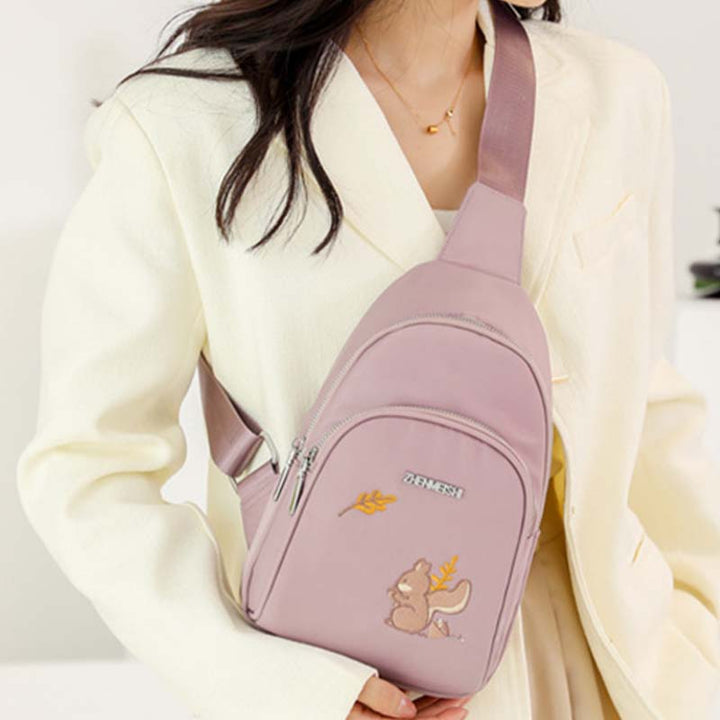 Brusttasche mit Cartoon-Eichhörnchen-Stickerei für Damen, Oxford-Umhängetasche