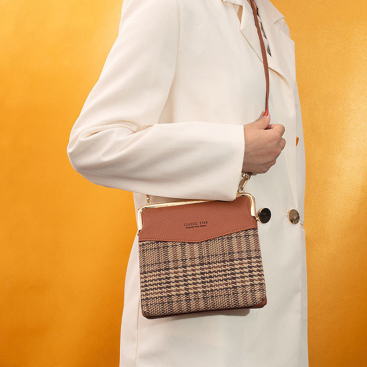 Leder-Crossbody-Handtasche für Damen mit zwei Fächern und Kiss Lock-Umhängetasche