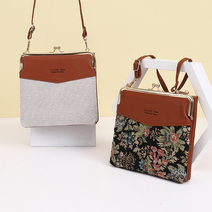 Leder-Crossbody-Handtasche für Damen mit zwei Fächern und Kiss Lock-Umhängetasche