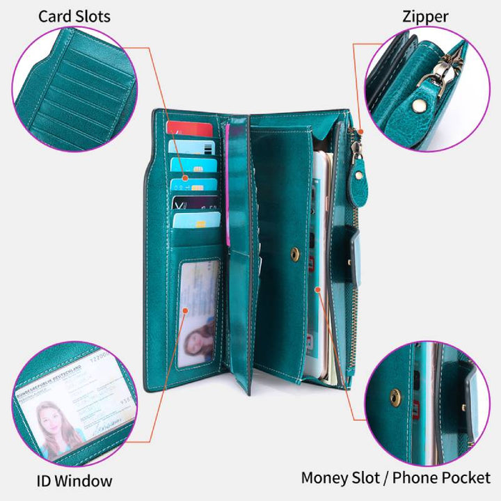 RFID-blockierende lange Brieftasche aus Ölwachsleder, Telefongeldbörse mit Reißverschlusstasche - image 3