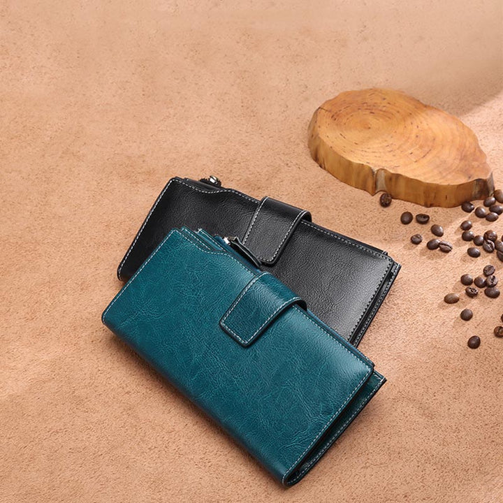 RFID-blockierende lange Brieftasche aus Ölwachsleder, Telefongeldbörse mit Reißverschlusstasche - image 5