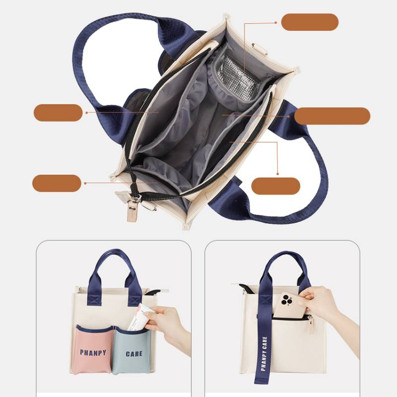 Funktionelle Handtasche, Tote Mommy Bag, Schultertasche mit mehreren Taschen und Umhängegurt