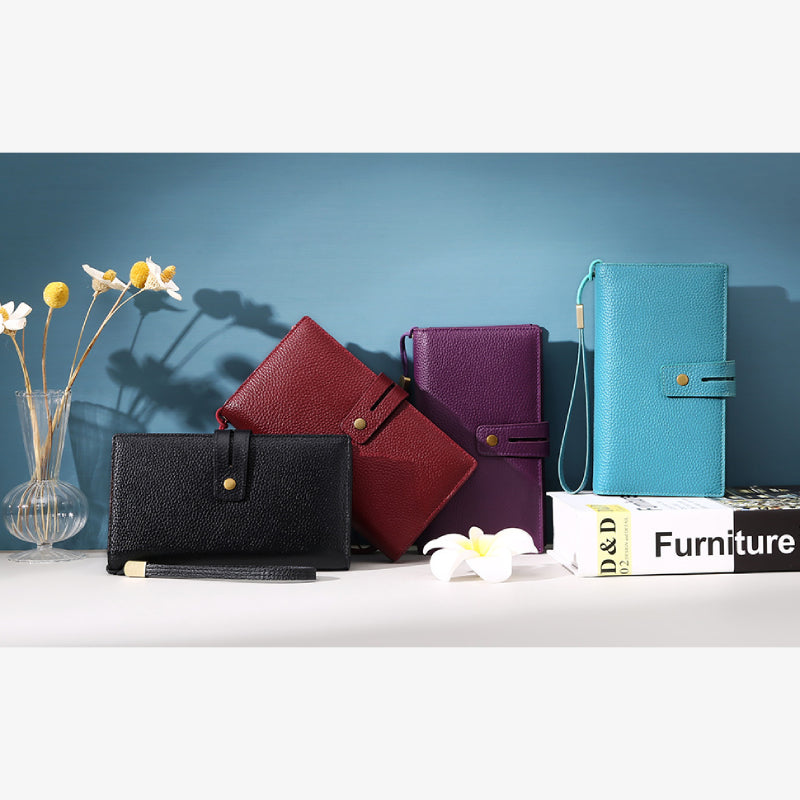 RFID-blockierende Scheckheft-Geldbörse für Frauen, minimalistische Handgelenktasche aus echtem Leder
