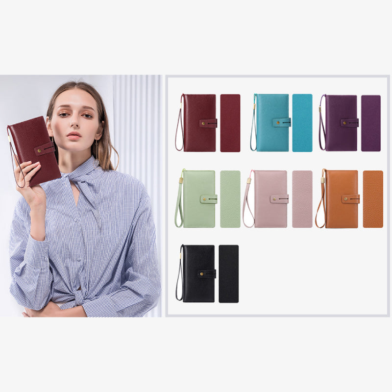 RFID-blockierende Scheckheft-Geldbörse für Frauen, minimalistische Handgelenktasche aus echtem Leder