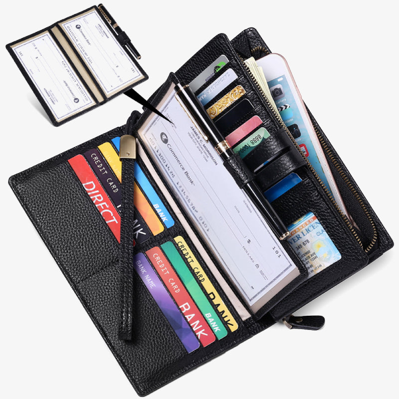 RFID-blockierende Scheckheft-Geldbörse für Frauen, minimalistische Handgelenktasche aus echtem Leder