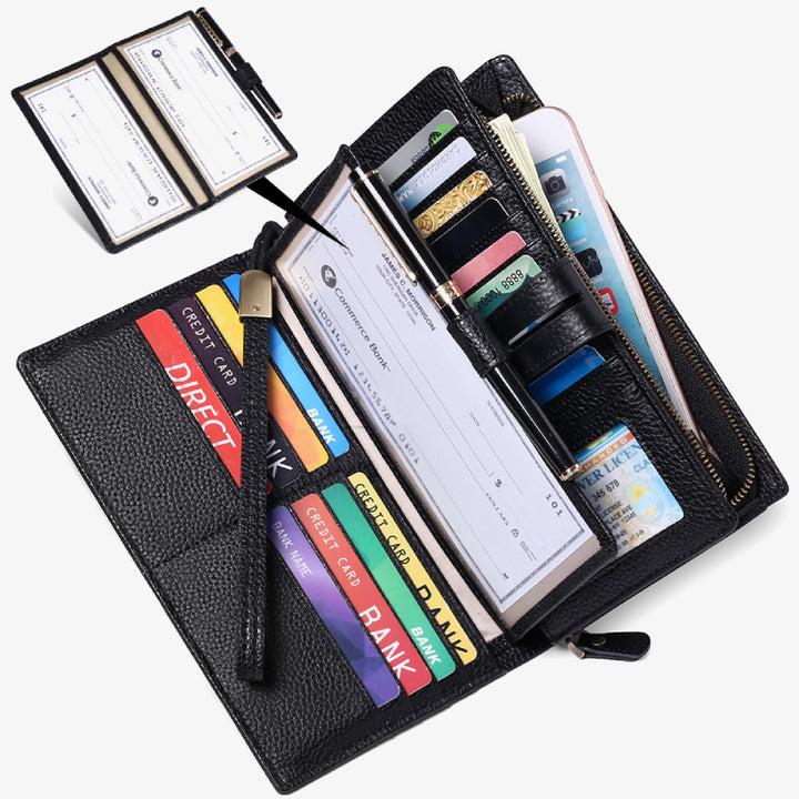 RFID-blockierende Scheckheft-Geldbörse für Frauen, minimalistische Handgelenktasche aus echtem Leder