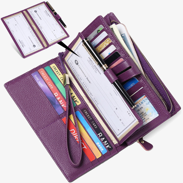 RFID-blockierende Scheckheft-Geldbörse für Frauen, minimalistische Handgelenktasche aus echtem Leder