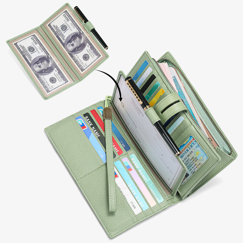 RFID-blockierende Scheckheft-Geldbörse für Frauen, minimalistische Handgelenktasche aus echtem Leder