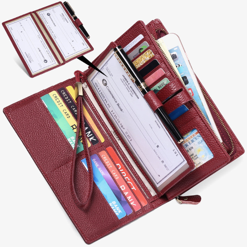 RFID-blockierende Scheckheft-Geldbörse für Frauen, minimalistische Handgelenktasche aus echtem Leder
