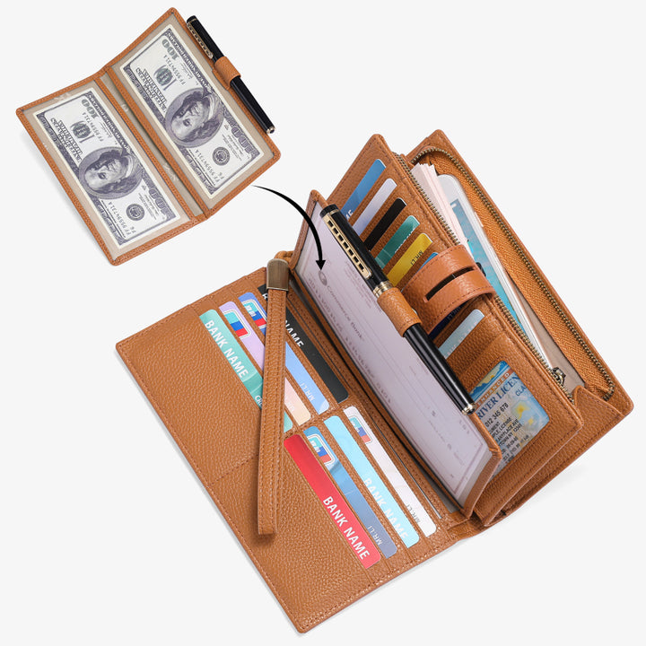 RFID-blockierende Scheckheft-Geldbörse für Frauen, minimalistische Handgelenktasche aus echtem Leder