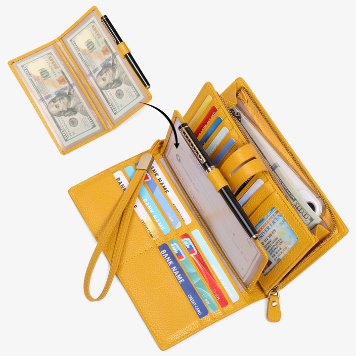 RFID-blockierende Scheckheft-Geldbörse für Frauen, minimalistische Handgelenktasche aus echtem Leder