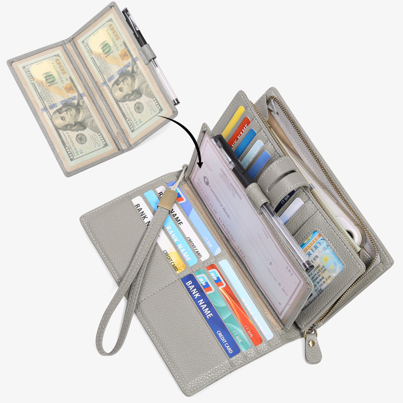RFID-blockierende Scheckheft-Geldbörse für Frauen, minimalistische Handgelenktasche aus echtem Leder