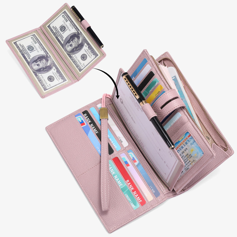 RFID-blockierende Scheckheft-Geldbörse für Frauen, minimalistische Handgelenktasche aus echtem Leder