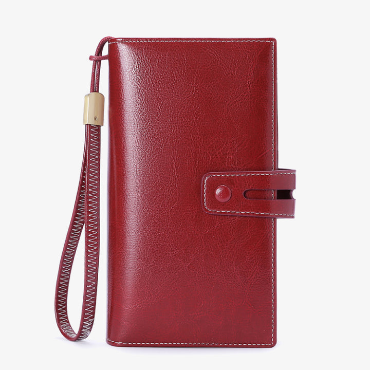 RFID-blockierende Scheckheft-Geldbörse für Frauen, minimalistische Handgelenktasche aus echtem Leder