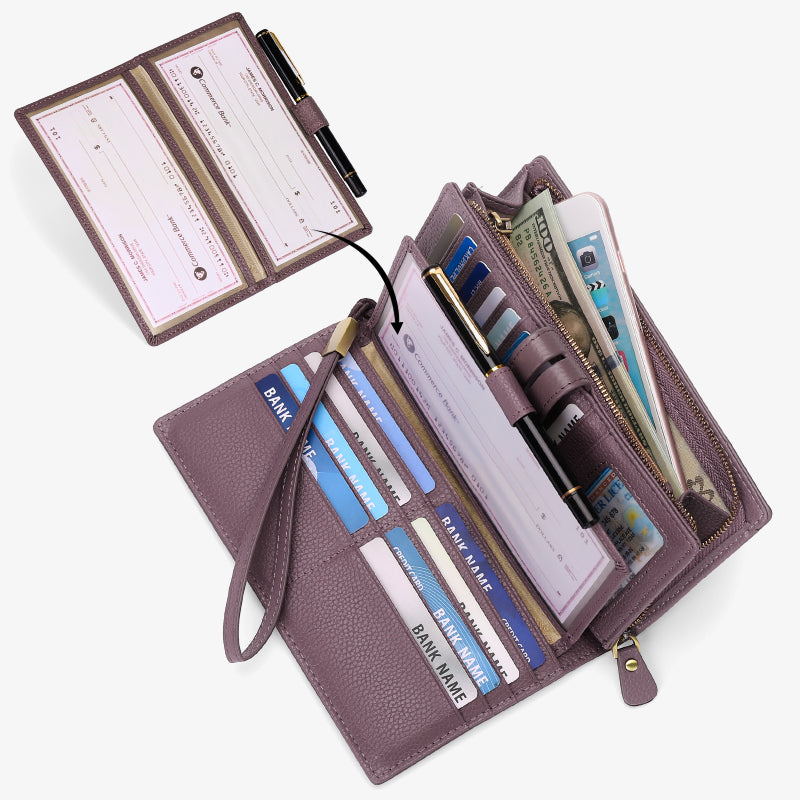 RFID-blockierende Scheckheft-Geldbörse für Frauen, minimalistische Handgelenktasche aus echtem Leder