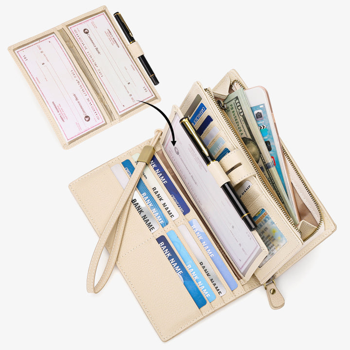 RFID-blockierende Scheckheft-Geldbörse für Frauen, minimalistische Handgelenktasche aus echtem Leder