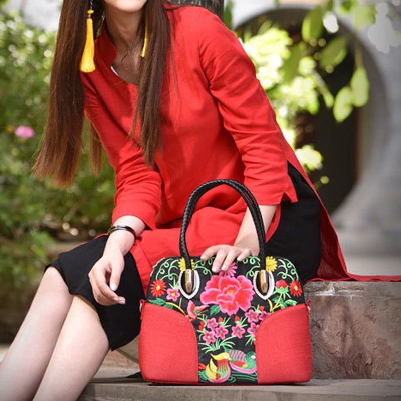 Floral bestickte Canvas Tote für Frauen Vintage Crossbody Handtasche