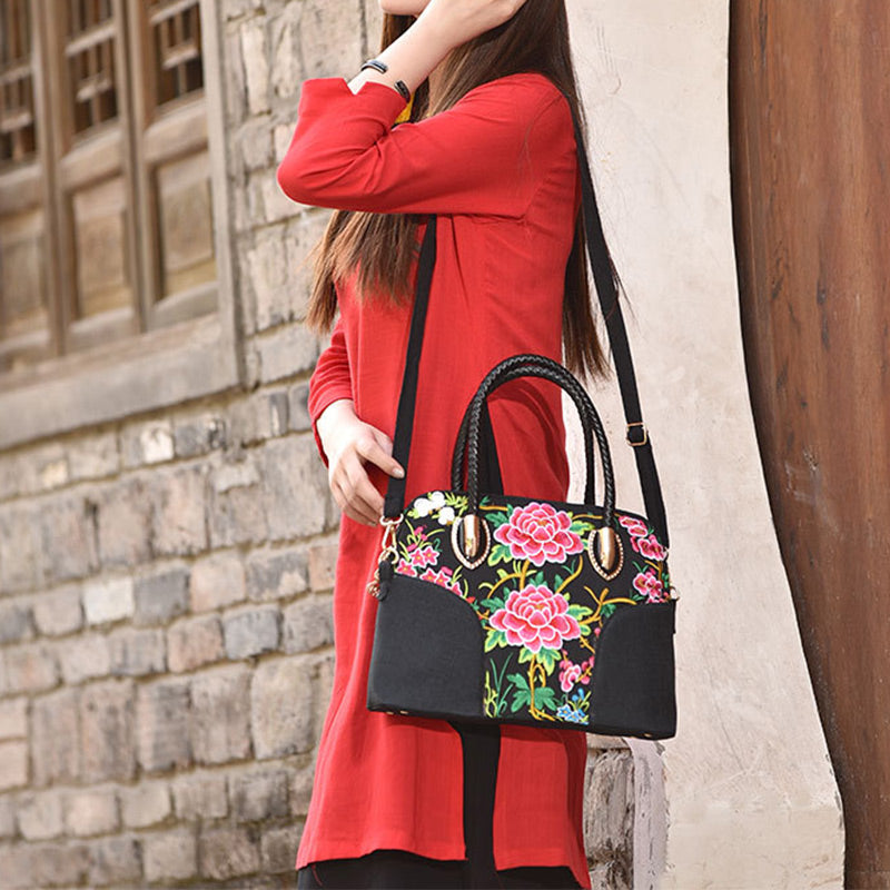 Floral bestickte Canvas Tote für Frauen Vintage Crossbody Handtasche