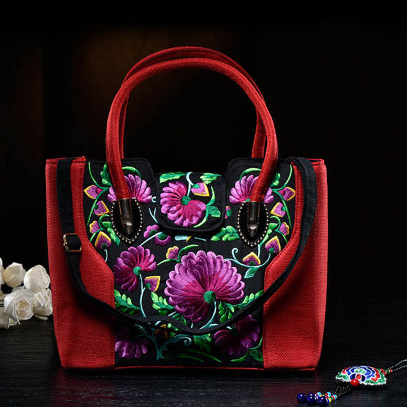Bestickte Tragetasche mit zufälligem Blumenmuster für Damen, elegante Umhängetasche aus Segeltuch