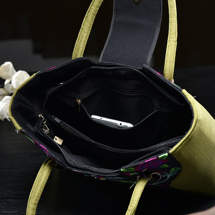 Bestickte Tragetasche mit zufälligem Blumenmuster für Damen, elegante Umhängetasche aus Segeltuch