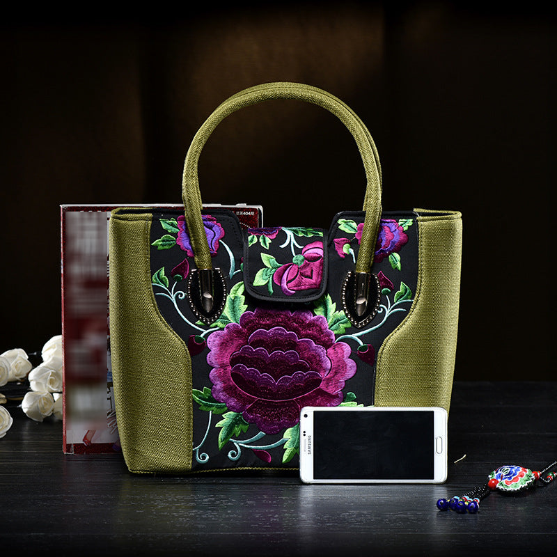 Bestickte Tragetasche mit zufälligem Blumenmuster für Damen, elegante Umhängetasche aus Segeltuch