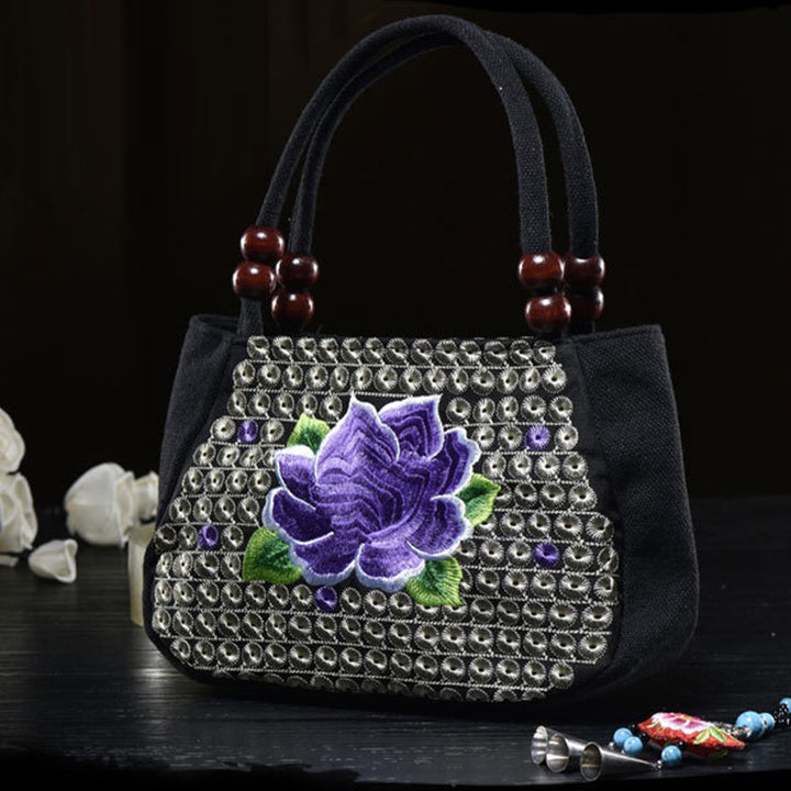Kleine Handtasche aus Segeltuch mit Blumenstickerei für Damen, ethnische Tragetasche