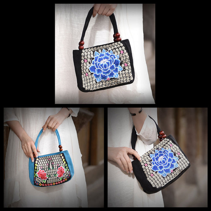 Kleine Handtasche aus Segeltuch mit Blumenstickerei für Damen, ethnische Tragetasche