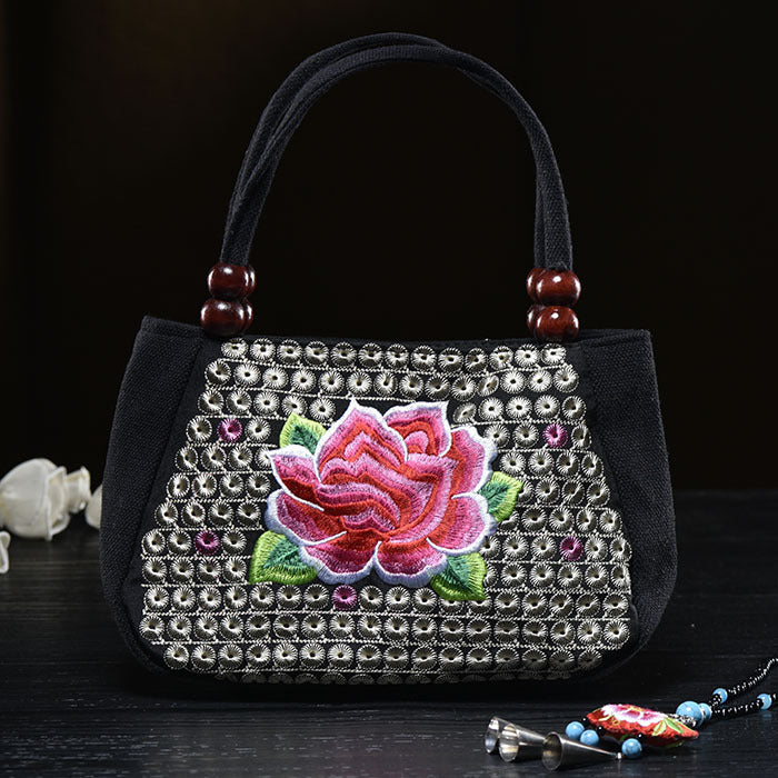 Kleine Handtasche aus Segeltuch mit Blumenstickerei für Damen, ethnische Tragetasche