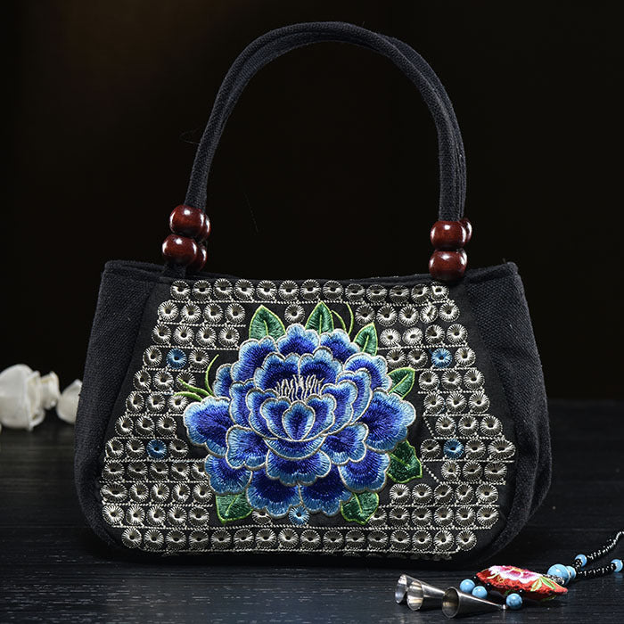 Kleine Handtasche aus Segeltuch mit Blumenstickerei für Damen, ethnische Tragetasche