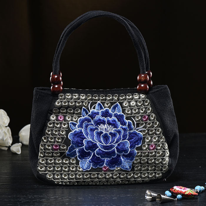Kleine Handtasche aus Segeltuch mit Blumenstickerei für Damen, ethnische Tragetasche