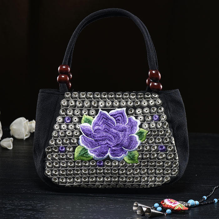 Kleine Handtasche aus Segeltuch mit Blumenstickerei für Damen, ethnische Tragetasche