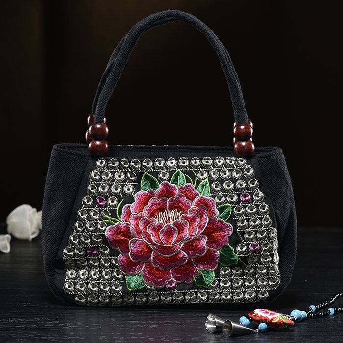 Kleine Handtasche aus Segeltuch mit Blumenstickerei für Damen, ethnische Tragetasche