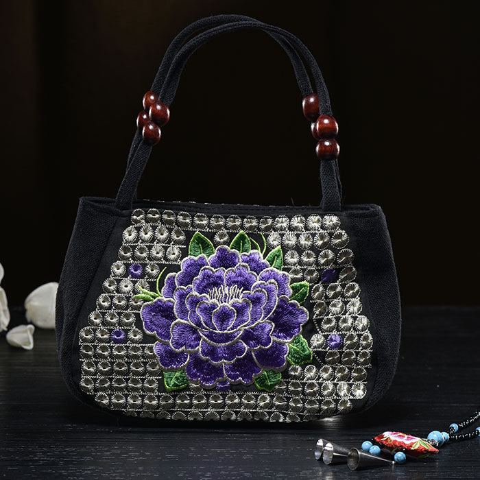Kleine Handtasche aus Segeltuch mit Blumenstickerei für Damen, ethnische Tragetasche