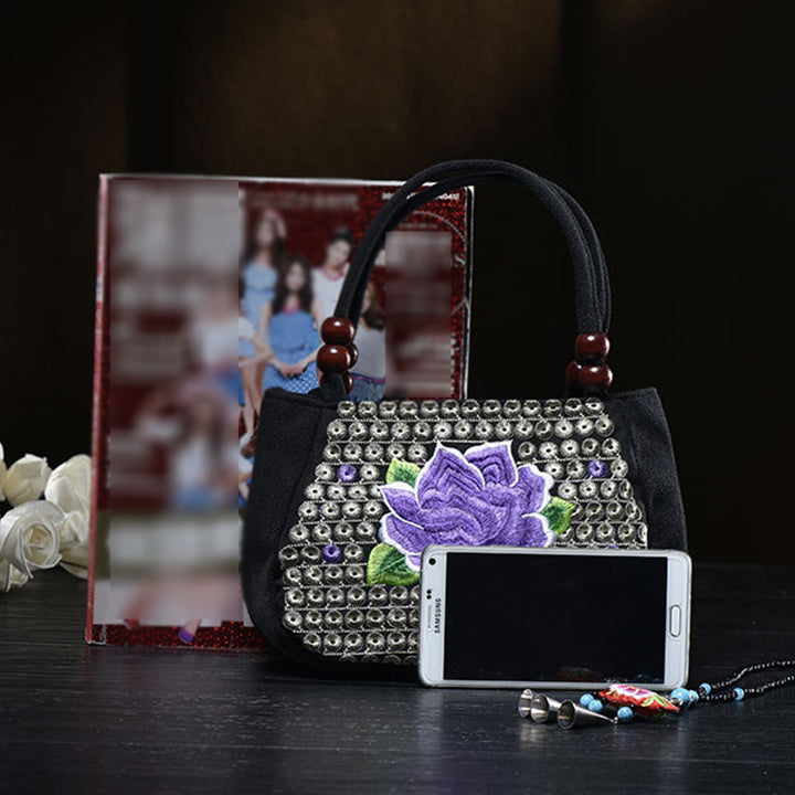 Kleine Handtasche aus Segeltuch mit Blumenstickerei für Damen, ethnische Tragetasche