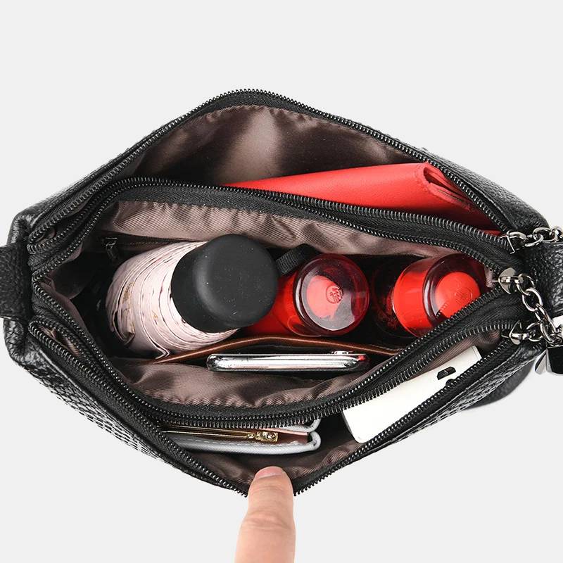 Umhängetasche mit drei Fächern für Damen, Beuteltasche aus veganem Leder