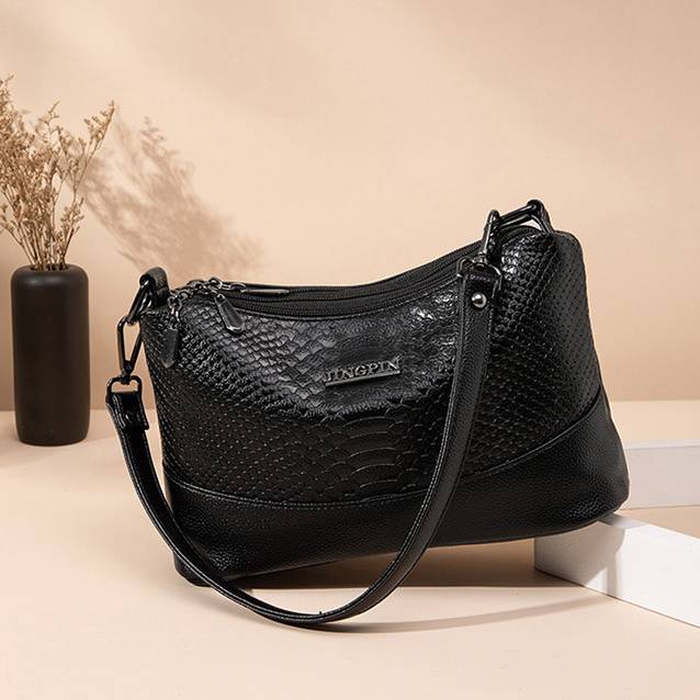 Umhängetasche mit drei Fächern für Damen, Beuteltasche aus veganem Leder