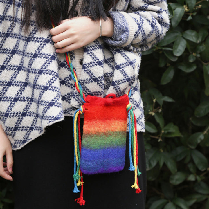 Regenbogen-Telefontasche aus Wollfilz für Frauen, süße Umhängetasche