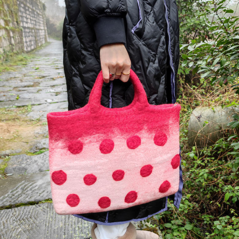 Wollfilz-Tragetasche für Damen, runde Handtasche mit Punktdekor