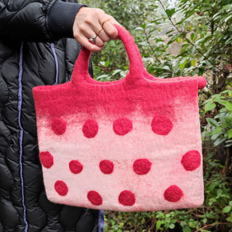 Wollfilz-Tragetasche für Damen, runde Handtasche mit Punktdekor