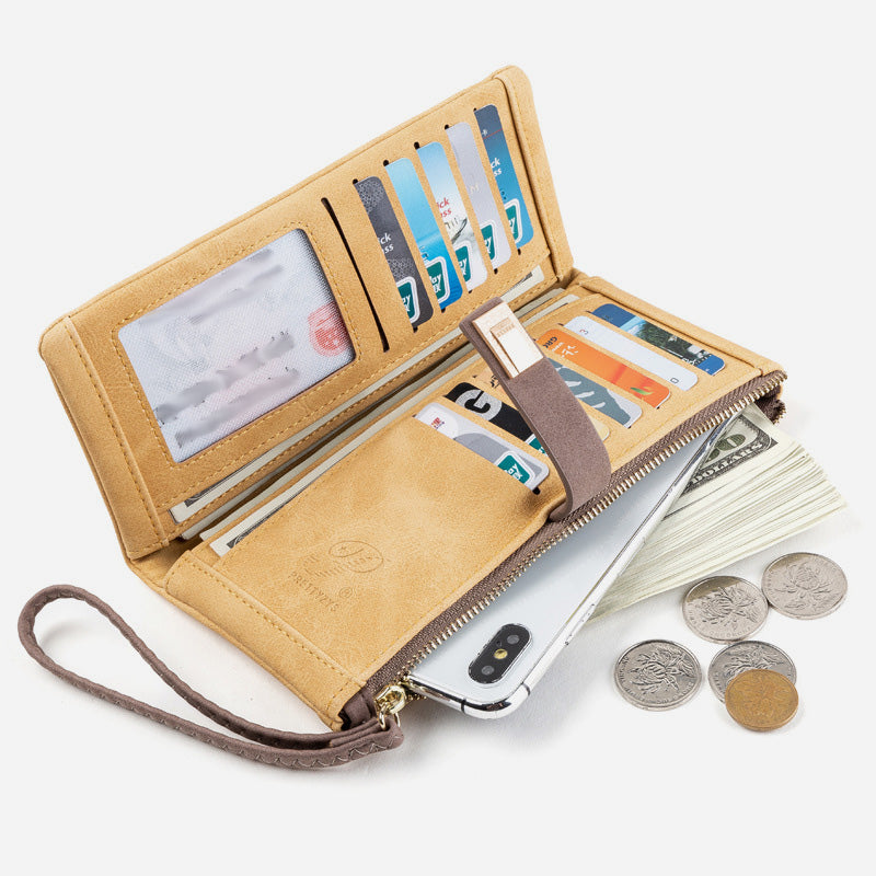Dreifach gefaltete lange Clutch für Damen im Vintage-Stil, mattiertes Leder