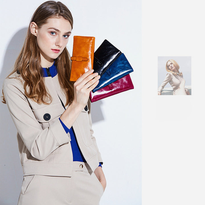 RFID Plain Farbe Lange Brieftasche Frauen Öl Wachs Leder Geldbörse
