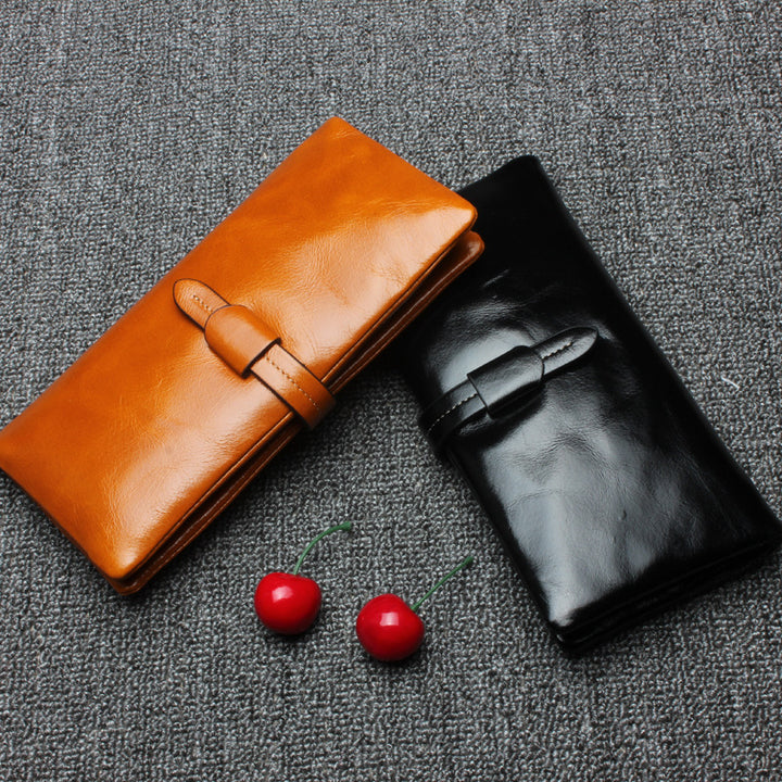 RFID Plain Farbe Lange Brieftasche Frauen Öl Wachs Leder Geldbörse